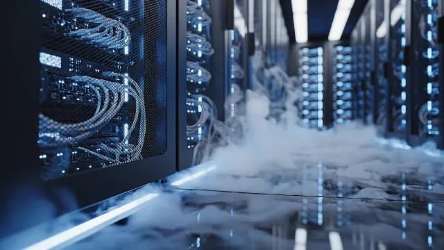 Smoking High-Tech Data Center Server Room with Blue Lighting
