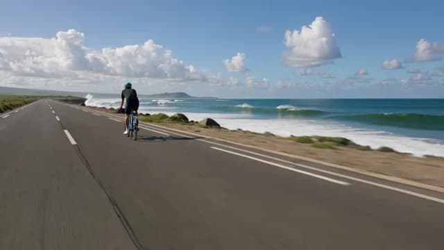 Cyclist Training on Scenic Coastal Road Overlooking Ocean Waves