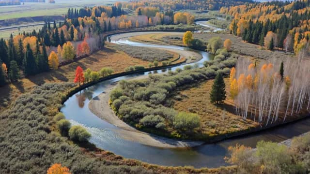 Aerial View of Winding River and Autumn Forest