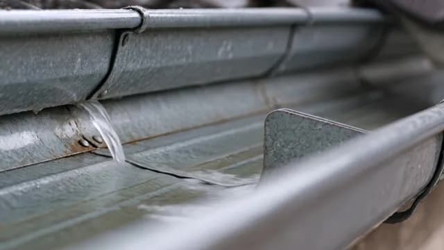 Rainwater Flowing Through Metal Roof Gutter