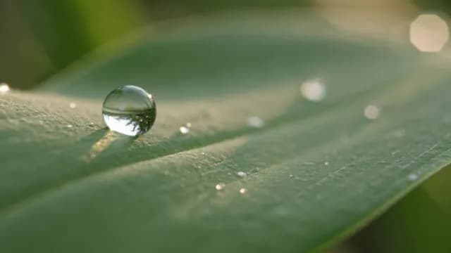 Macro Shot of Morning Dew Droplet on Vibrant Green Leaf