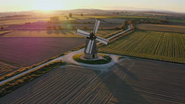 Aerial View of Chesterton Windmill at Sunset over English Countryside