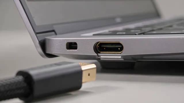 Macro Close-up of Laptop HDMI and Thunderbolt Connection Ports