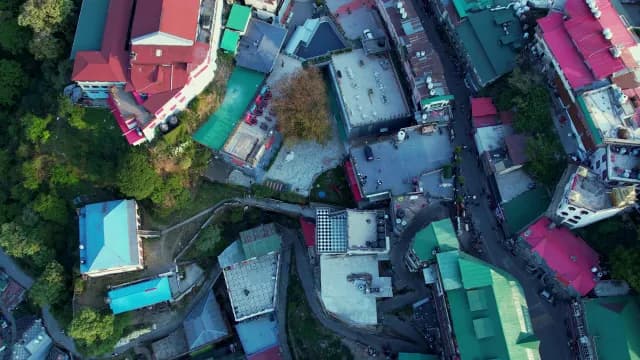 Top Down Aerial View of Colorful Himalayan Hill Station Rooftops, Mussoorie