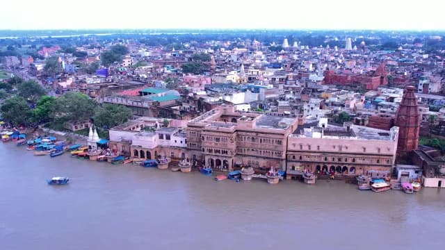 Aerial View of Vishram Ghat and Mathura Cityscape on Yamuna River