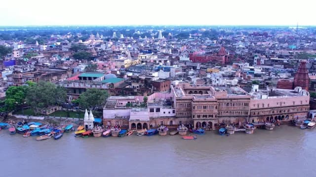 Aerial View of Mathura City and Yamuna River Banks India