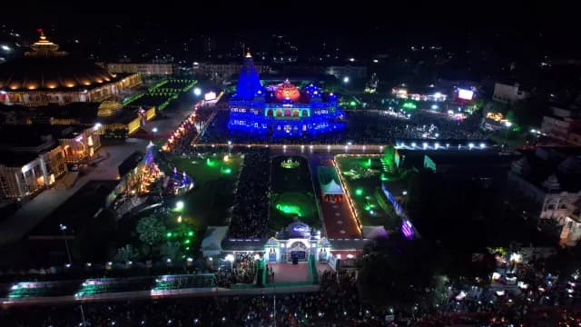 Aerial View of Illuminated Prem Mandir at Night in Vrindavan