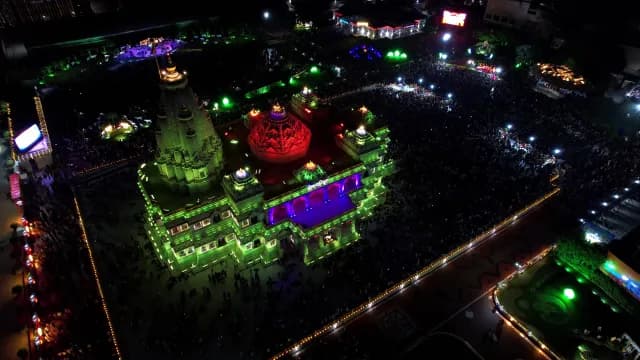 Aerial Night View of Illuminated Prem Mandir Temple in Vrindavan India