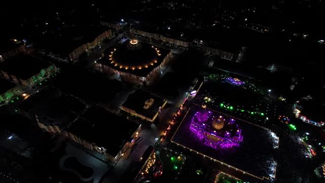 Aerial Night View of Illuminated Prem Mandir Janmashtami celebration in Vrindavan