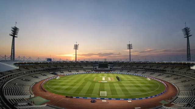 Wide Angle Sunset View of Professional Cricket Stadium Architecture