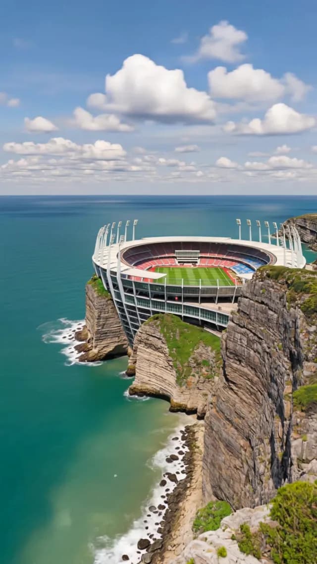 Futuristic Soccer Stadium Built on Steep Ocean Cliff
