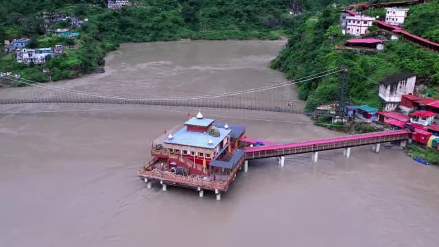 Aerial View of Dhari Devi Temple on Alaknanda River India