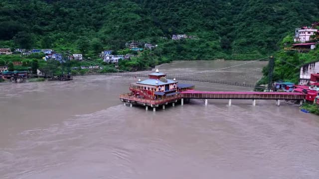 Aerial View of Dhari Devi Temple on Alaknanda River India