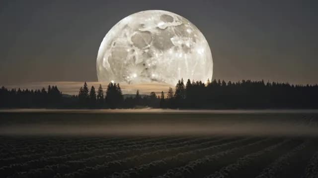 Massive Supermoon Rising Over Misty Forest and Rural Landscape
