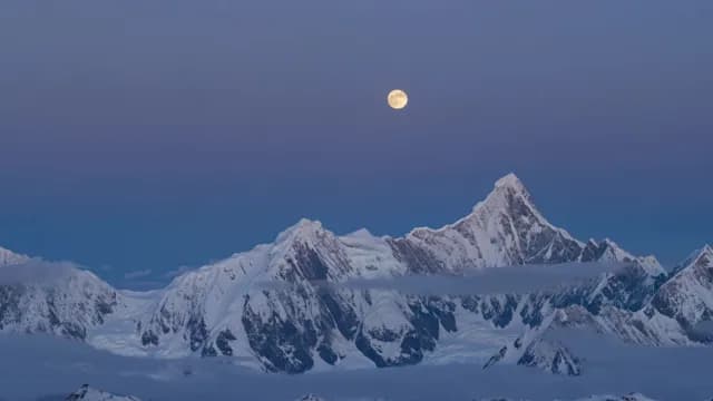 Full Moon Rising Over Snow-Capped Himalayan Peaks at Twilight