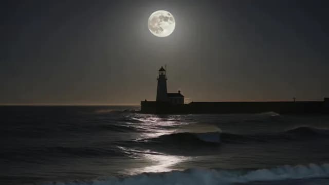 Lighthouse Silhouette Under Bright Full Moon Over Night Ocean Waves