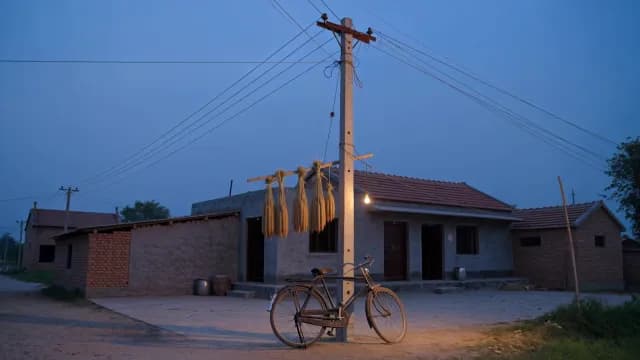 Rural Village Dusk Scene with Vintage Bicycle and Hanging Harvest