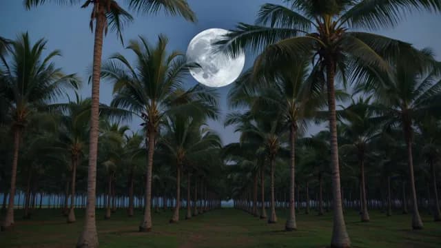 Full Moon Rising Over Symmetrical Palm Tree Grove at Night