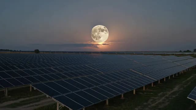 Massive Full Moon Over Solar Panel Farm at Twilight