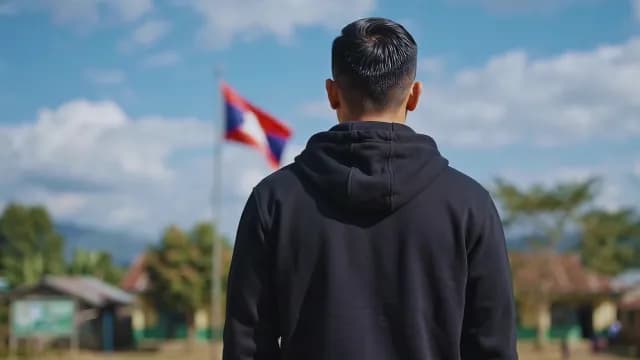 Young man viewing the Karen national flag outdoors