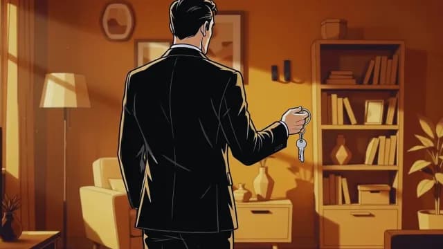 Animated Man in Suit Holding Keys in Warm Modern Apartment