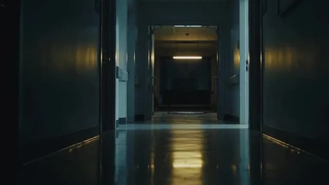 Empty Dark Hospital Corridor at Night with Dim Lighting