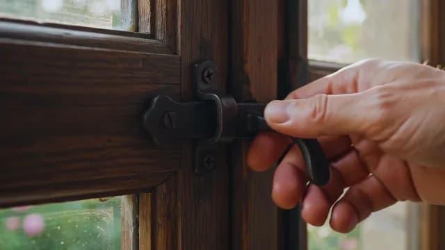 Person Opening Antique Metal Latch on Rustic Wooden Window