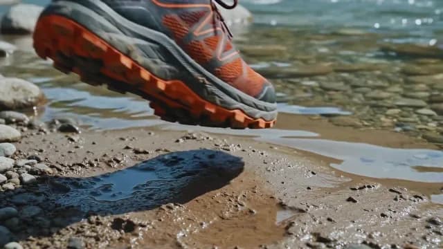 Close-up of Trail Running Shoe Stepping onto Muddy Riverbank
