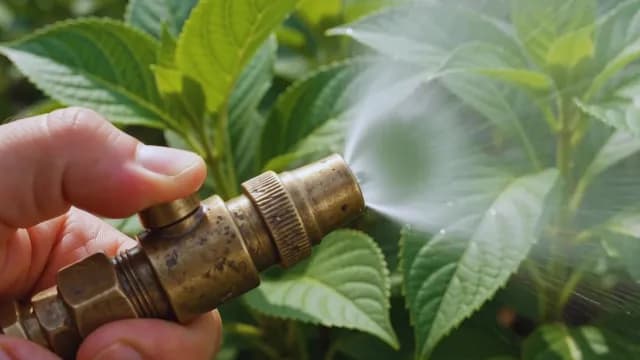 Close Up of Hand Watering Garden Plants with Brass Spray Nozzle Mist