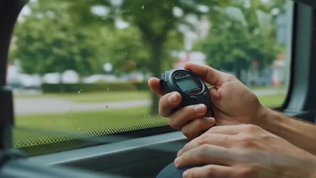Man Holding Digital Stopwatch Inside Vehicle Near Rainy Window