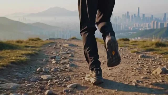 Person Running on Mountain Trail Above City at Sunrise