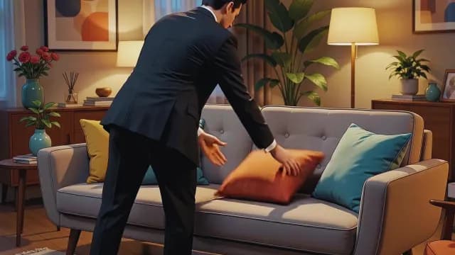 Businessman Arranging Colorful Cushions on Modern Sofa in Living Room