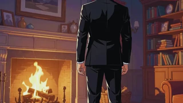 Man in Elegant Black Suit Standing Before Warm Fireplace Animation
