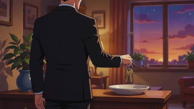 Businessman Holding Keys Over Desk at Sunset in Stylish Office