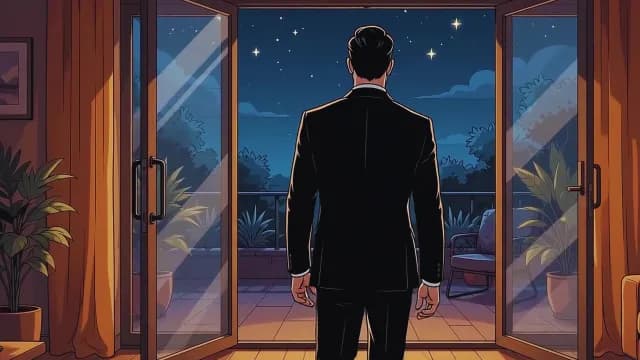 Successful Businessman Contemplating the Stars from a Penthouse Balcony at Night