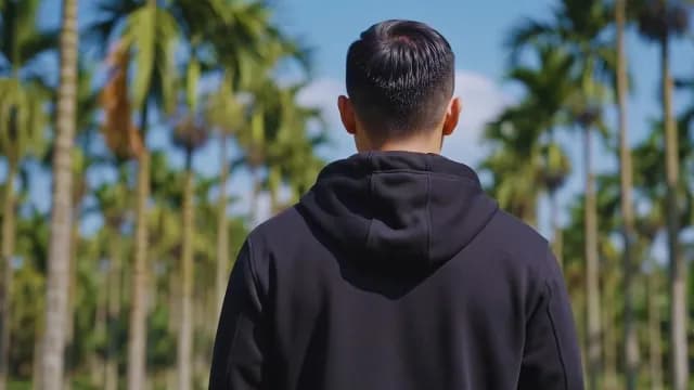 Back View of Young Man in Black Hoodie at Palm Grove