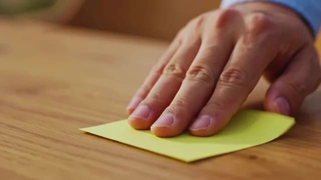 Person Placing Yellow Adhesive Note on Wooden Office Desk