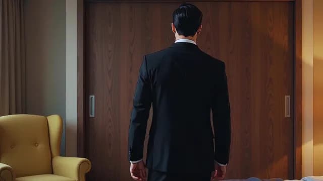 Businessman in Elegant Black Suit Facing Wooden Sliding Doors