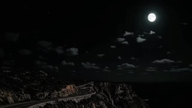 Full Moon Shining Over Winding Coastal Cliff Road at Night