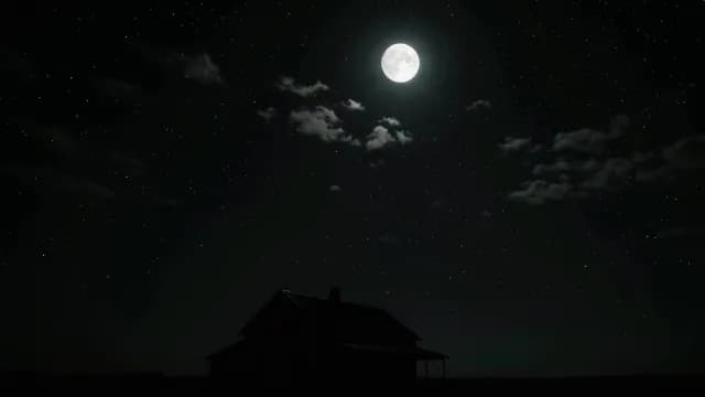 Full Moon Over Silhouetted Rural House Under Starry Night Sky