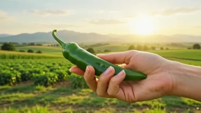 Hand Holding Fresh Green Chili Pepper in Farm Field at Sunset