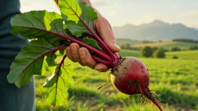 Farmer Holding Freshly Harvested Organic Beetroot in a Rural Field