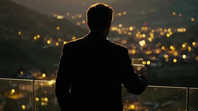 Silhouette of a Businessman Overlooking a Glowing Night Cityscape from Balcony