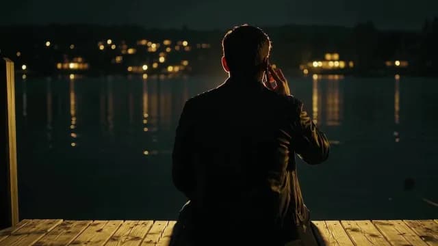 Man Sitting on Wooden Pier at Night Talking on Smartphone