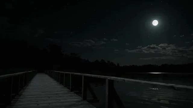 Full Moon Glowing Over Calm Lake with Wooden Pier at Night