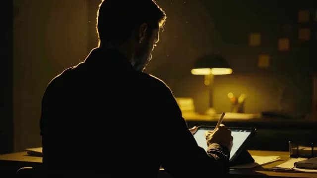 Male Creative Professional Working Late on Digital Tablet in Dark Office