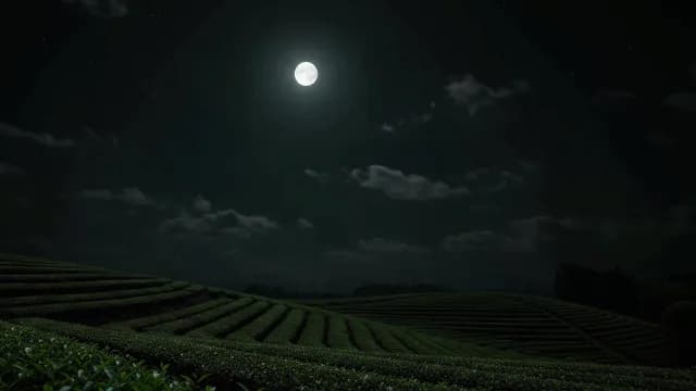 Full Moon Shining Over Lush Green Tea Plantation at Night