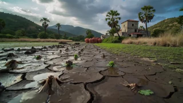 Resilient Green Sprouts Emerging from Cracked Dry Earth in Rural Landscape