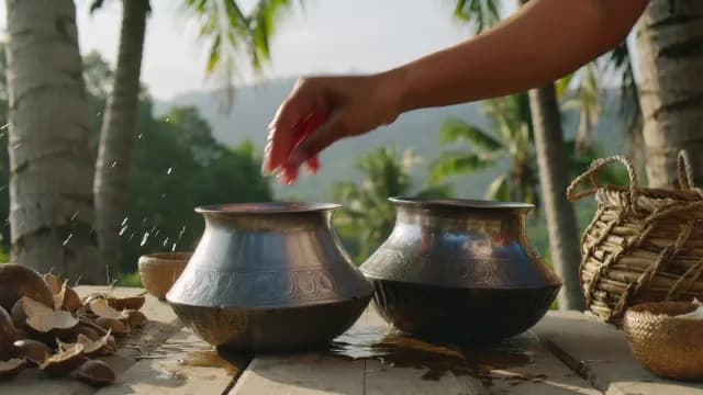 Traditional Cooking Preparation with Metal Pots in Tropical Setting