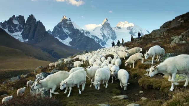 Shepherds Herding Large Sheep Flock Through Majestic Snow-Capped Mountain Pass